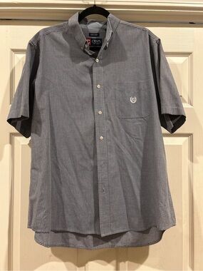 Chaps Men’s Short-Sleeve Button-Down Shirt in Navy and White Micro-Gingham